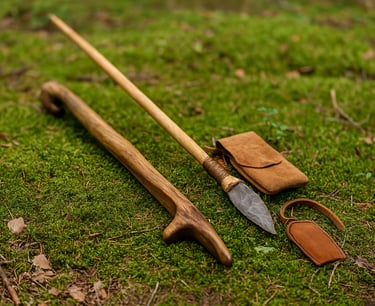 Primitive survival tools axe knife and digging stick on grass in forest camp