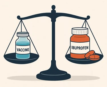 Balanced scale with a vaccine vial on one side and ibuprofen pills on the other.