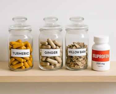 Glass jars of turmeric, ginger & willow bark alongside bottle of ibuprofen tablets, showing natural alternatives to ibuprofen