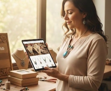 Una mujer comprando joyería hecha a mano en línea desde una tablet en una boutique luminosa.