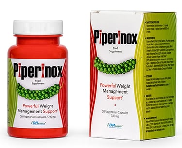 Piperinox weight management supplement bottle and box featuring black pepper extract capsules.