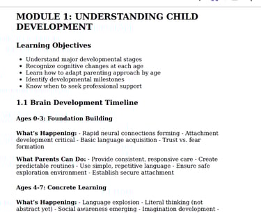 Educational document detailing module 1 of a child development course focused on brain development and learning objectives.