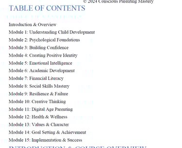 Table of contents for a conscious parenting mastery course listing modules on child development and emotional intelligence.