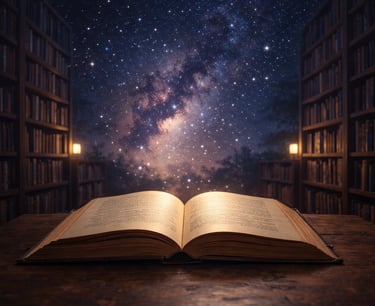 Livre ouvert face à un ciel étoilé symbolisant l’accès aux annales akashiques et aux guidances