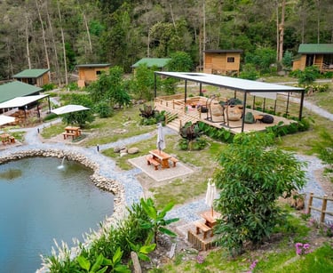 Cabañas y lago, Cantos del Rio, Colombia