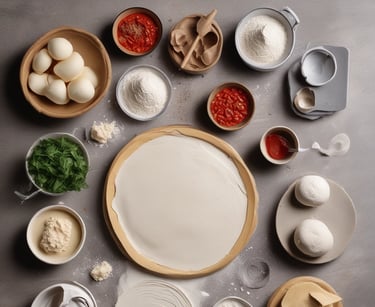 massas de pizza e molhos postos em uma mesa