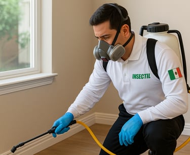 especialista de Insectil realizando servicio de fumigación. una casaen