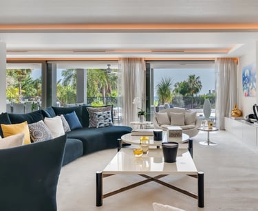 Contemporary designer living room at Villa Serenity, featuring elegant and stylish interiors