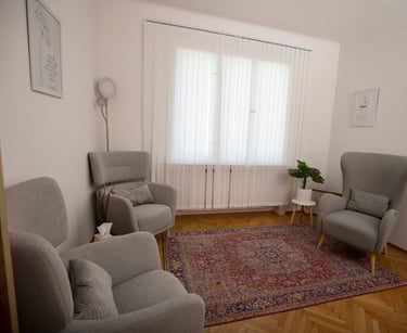 Gemütlicher Therapieraum mit Sesseln, Teppich und hellem Tageslicht vom Fenster.