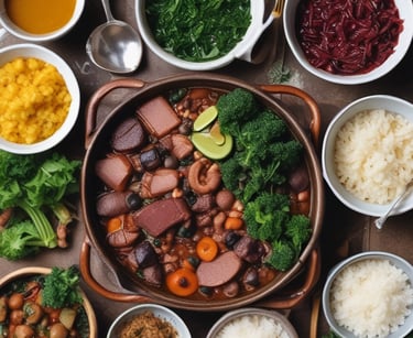 panela de feijoada, pratos de arroz, farofa, couve, postos em uma mesa