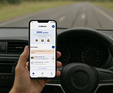 Person holding a phone while sitting in their car. Blinker app is on the screen.