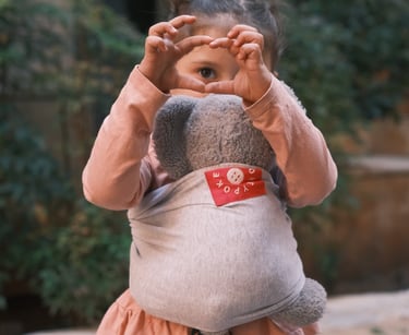 a little girl holding a stuffed animal in a babywrap carrier