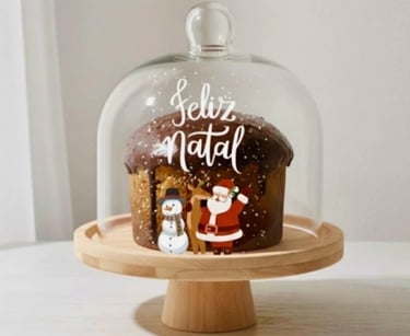 Porta Panetone de Vidro e Bambu Personalizado Panetoneira Chocotone Suporte Decoração de Natal e Cei
