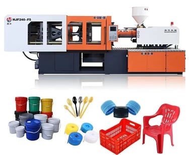 "Plastic injection molding machine with molded products- Alok Plastics India"