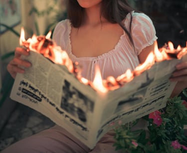 Newspaper with flames coming from the pages