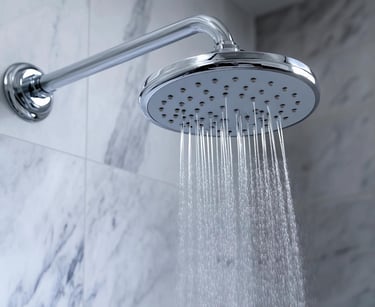 Close‑up of rain‑style showerhead spraying water – emphasizes quality fixtures used in Auckland