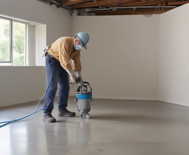 Contractor applying a protective concrete coating with a spray system.