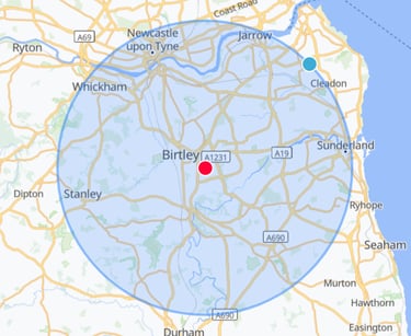 Mobile sports massage radius map covering Washington, Newcastle, and Birtley.