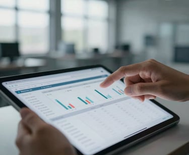 Close-up of hands interacting with a clean data dashboard on a tablet, showing real-time sales pipeline metrics, diffused natural light from a window, desaturated cool tones, high contrast, industrial facility in soft focus background.