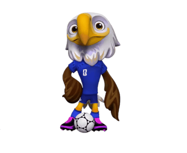 A cartoon bald eagle mascot wearing a blue soccer jersey and standing over a soccer ball.