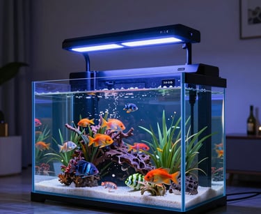 Modern glass fish tank with blue LED lighting, colorful tropical fish, and green aquatic plants.