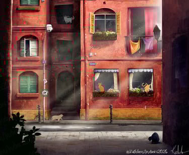 Illustration european street with playful cats windows apartment paris streets cartoon artwork art
