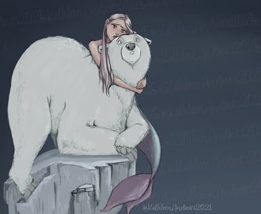 Illustration Mermaid purple hair hugs polar bear on iceberg fantasy illustration