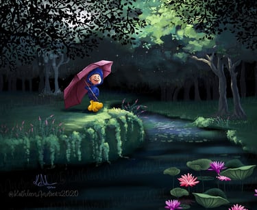 Child yellow rain boots holds umbrella smiling magical forest by lily pond illustration