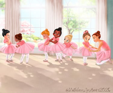 Illustration of diverse young ballerinas in pink tutus in sunny studio with teacher artwork art children's book art