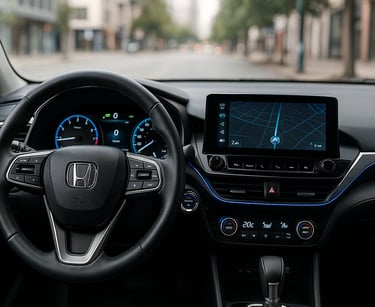 Interior de carro usado moderno com painel digital aceso e sistema de navegação por inteligência art