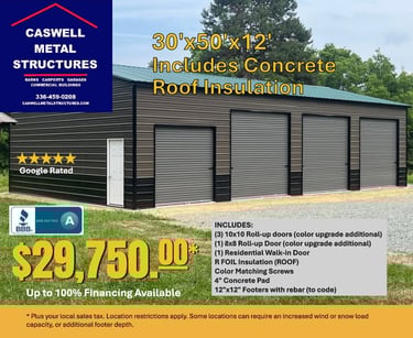 Custom 30x50 steel garage with three roll-up doors, concrete pad, and roof insulation.
