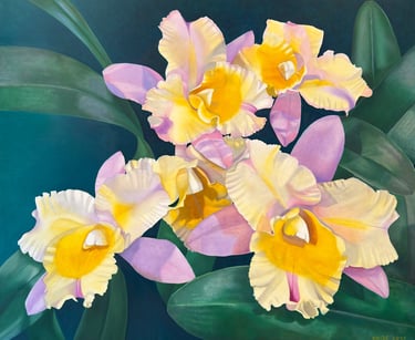 Monumental orchid painting by Christine Knize showcasing oil glazing on a large scale canvas