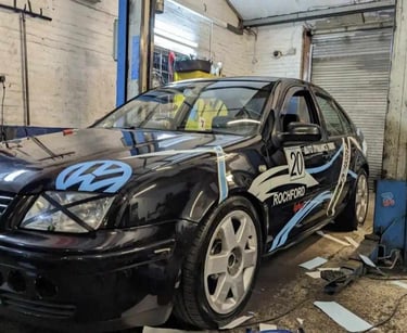 a car with a blue and white paint job on it