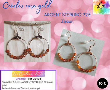 Créoles Argent Sterling rose gold 2,5cm Zircon orange Les Couleurs de Lo