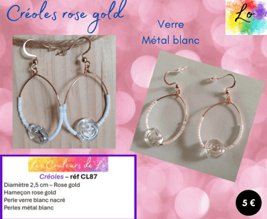 Créoles rose gold 2,5 cm verre blanc à reliefs perles métal blanc Les couleurs de Lo