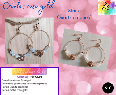 Créoles rose gold strass verre Quartz craquelé Les Couleurs de Lo