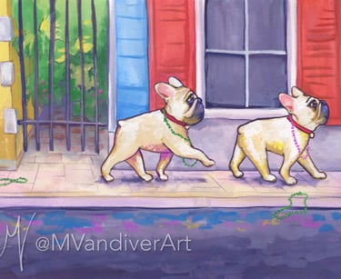 Illustrations from Bruno & Frida Go To Mardi Gras by New Orleans artist Melissa Vandiver.
