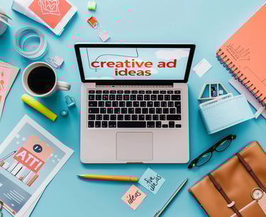 Creative workspace with laptop and colorful ad design elements — Ad Copywriting Prompt Pack for mark