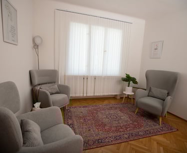 Therapy room of Linda Acikalin with comfortable armchairs, a carpet, and natural light.