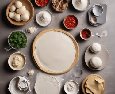 massas de pizza e molhos postos em uma mesa