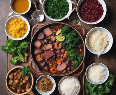 panela de feijoada, pratos de arroz, farofa, couve, postos em uma mesa