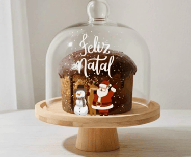 Porta Panetone de Vidro e Bambu Personalizado Panetoneira Chocotone Suporte Decoração de Natal e Cei