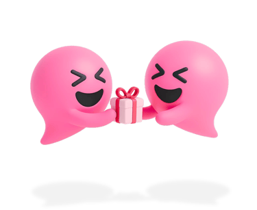 Two happy Blabit bubbles with closed smiling eyes sharing a wrapped gift box between them