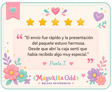 Opinión de cliente sobre los bolsos reversibles Mayukita Odd, con una calificación de cinco estrella