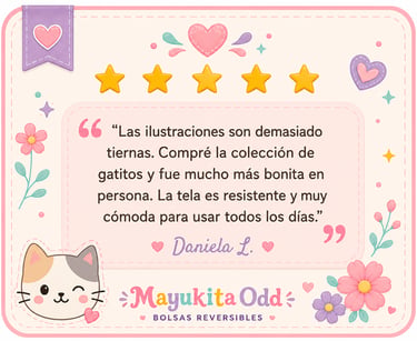 Opinión de cliente sobre los bolsos reversibles Mayukita Odd, con una calificación de 5 estrellas 