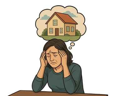 Stressed woman worrying about house ownership or home mortgage foreclosure in alberta.