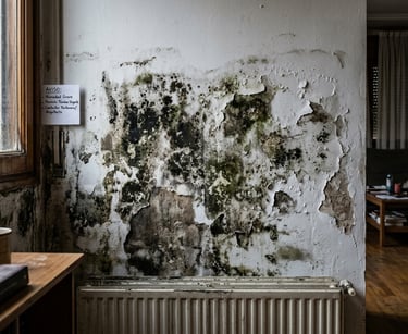 Pared con moho y daños graves por humedad en una habitación