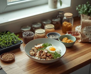 Self-sufficient food recipes with microgreens, mushrooms, sprouts, herbs, rice, lentils, and pantry staples