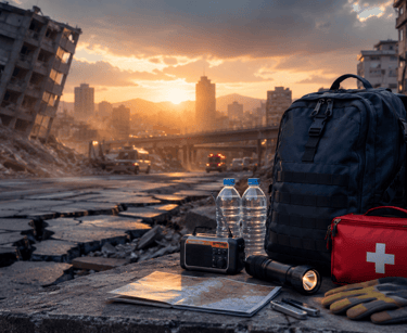 Emergency survival kit with first aid, water, and radio in a earthquake disaster city at sunset.