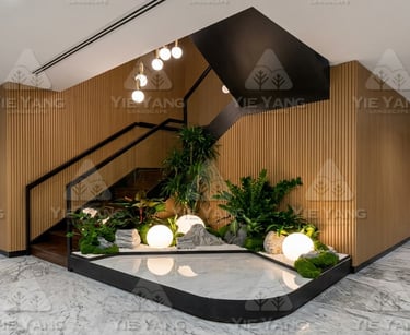 Indoor staircase garden feature with sphere lights – Yie Yang Landscape, Malaysia